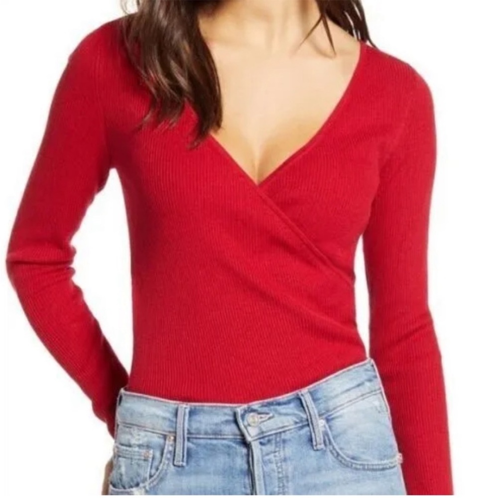 Leith Red Rib Wrap Surplice V-Neck Long Sleeve Sweater Size XXS